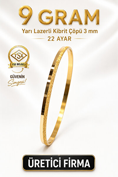 Aks Gold 22 Ayar TSE Belgeli (9 GRAM) Yarı Lazerli Kibrit Çöpü 3 mm Altın İşç...