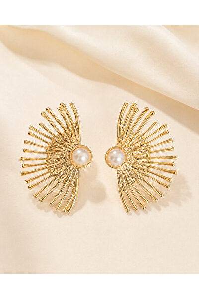 Kumru Studio Gold Fan Design Pearl Detailed Earrings |   Modern Statement Wom...