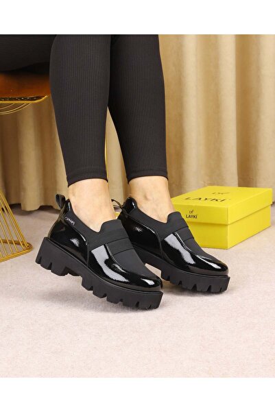 layki Perra Women's Black Patent Leather Elastic Parachute Hiking Shoes