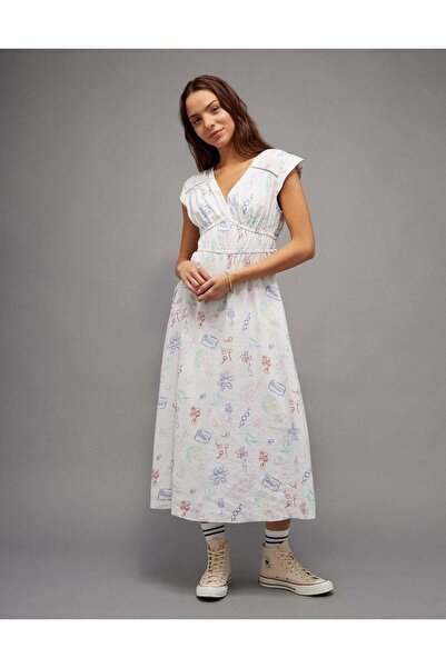 AMERICAN EAGLE AE Ruched Linen-Blend Midi Dress