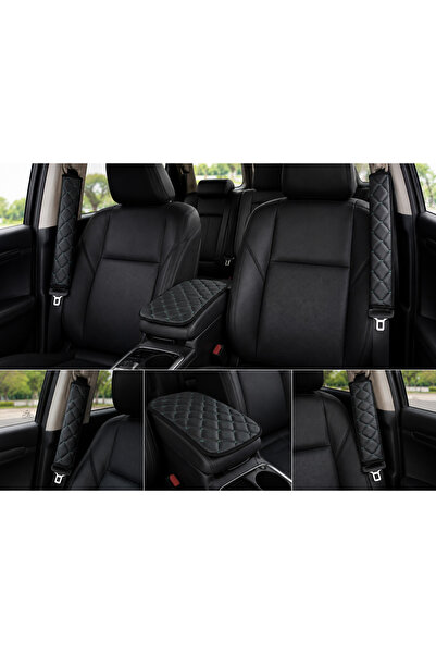 Autosar Car Armrest Protector and Seat Belt Pad Set Cream Color Stitched Univ...
