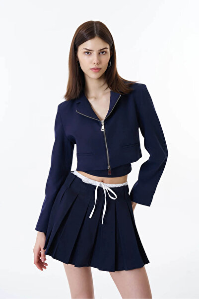 Quzu Front Zippered Crop Navy Blue Women's Jacket Ckt00119