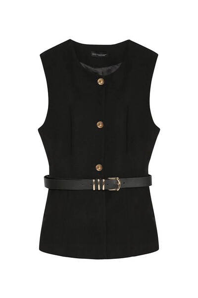 Quzu Black Women's Vest with Belt Accessories Ylk00163