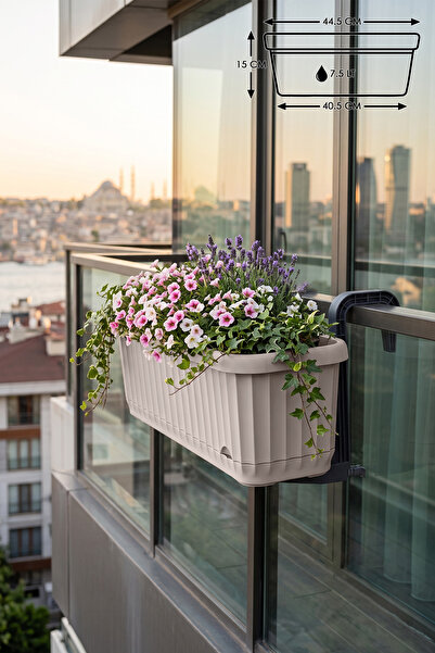 ToXA 7.5 Litre Bej Askılı Sütun Balkon Saksı Çizgi Desenli Hazneli Mat Plasti...