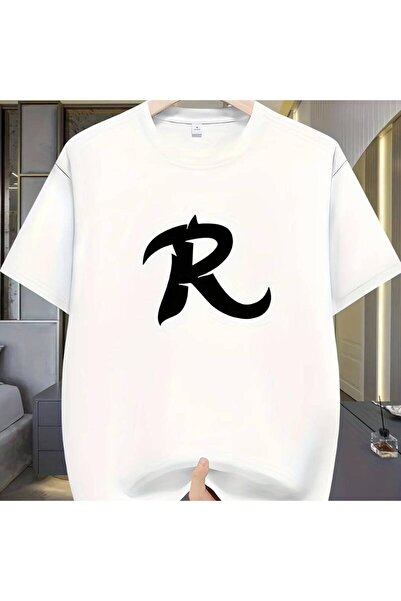1001 Line تي شيرت مطبوع بحرف "R" كبير، خفيف الوزن وقابل للتنفس. قميص مريح بأك...