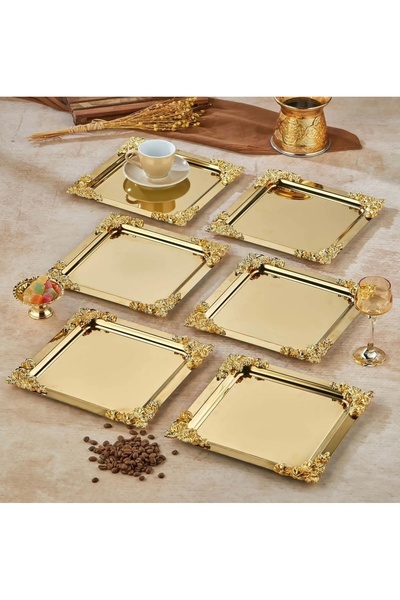 MAHUR HOME 6 ADET ÇELİK GOLD RENK KARE DÖRT KÖŞE AKSESUARLI SERVİS VE SUNUM T...