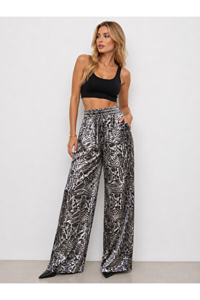 Sibel Günay Butik Gray Leopard Patterned Satin Wide Leg Trousers |   Women's ...