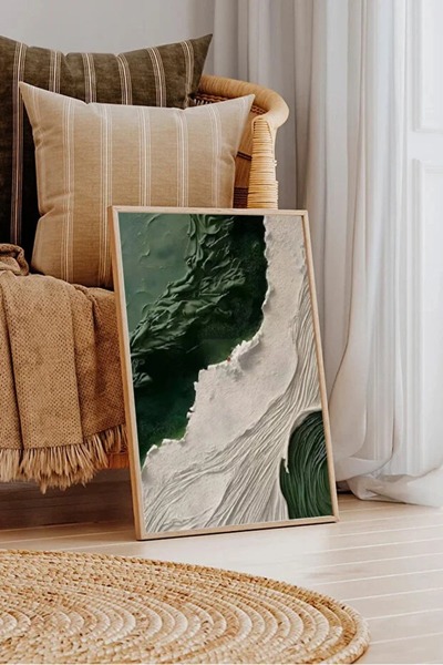 AR AJANS KANVAS TABLO Emerald Coasts Abstract Ocean Waves Decorative Framed M...