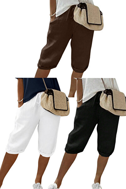 BLUE STREET Women's Set of 3 Black, White and Brown Comfortable Cut Capri Sho...