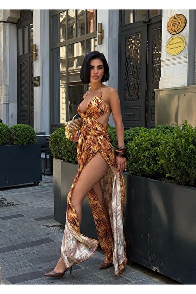 GLAMMOSS L'Atelier Πράσινο φόρεμα με έθνικ σχέδια και σκίσιμο από βισκόζη