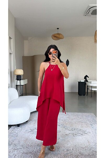 Buket Teke Kırmızı Bluz Pantolon Görünümlü Tiril Tulum
