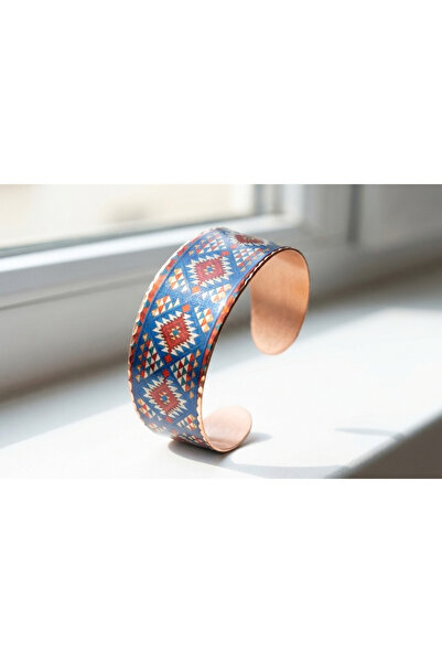 Erol Bakır Copper Blue Anatolian Kilim Patterned Wide Adjustable Clamp Bracelet