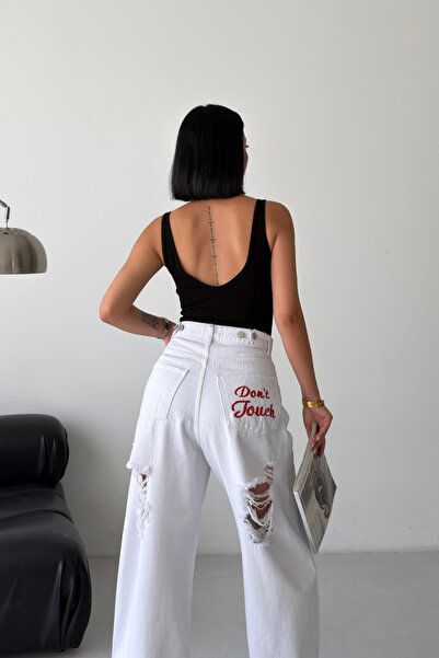 XRAY JEANS بنطلون جينز أبيض ممزق واسع الساق للنساء