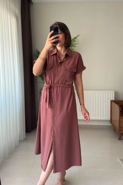 Kubos Moda Short Sleeve Shirt Collar Pocket Belted Dusty Rose Dress