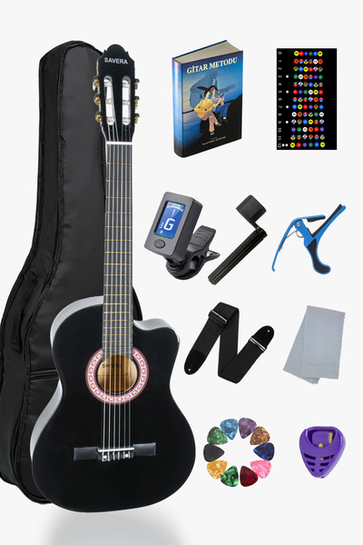 Savera Siyah Klasik Gitar 4/4 Yetişkin Boy Sap Ayarlı Kesik Kasa Full Set (Ça...