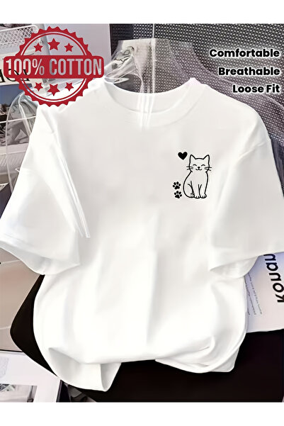 121 100% Cotton Women's Summer Shirt; with Cute Cat Heart Print; Comfortable ...