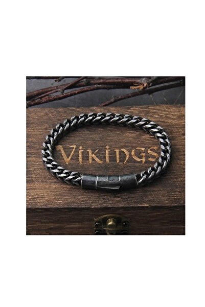 Viking Antrasit Örgü & Kare Tasarım Motorcu Erkek 316L Kararmaz&Paslanmaz Saf...