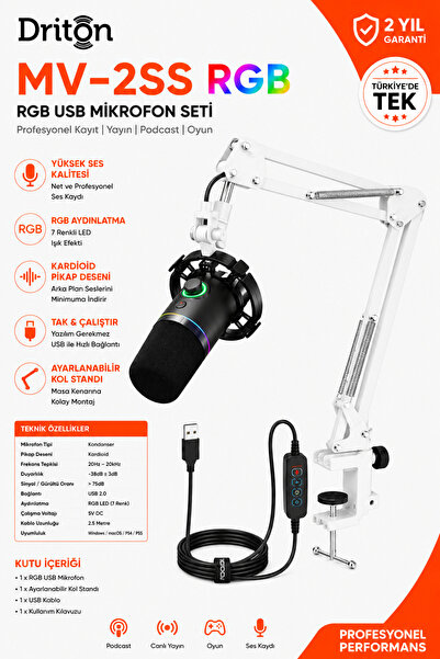 DRİTON ميكروفون مكثف MV-2SB RGB أسود متوافق مع USB للألعاب والبث والبودكاست
