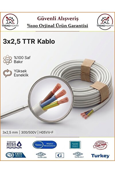 ÖZNUR 3x2,5 TTR Elektrik Kablosu - Beyaz - %100 Bakır