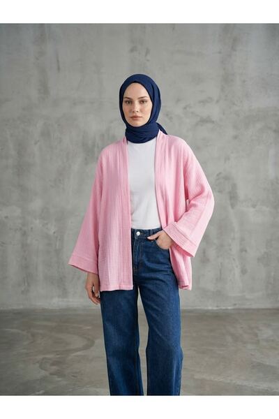 Generic Brand Collar-Banded Muslin Cardigan-Pink