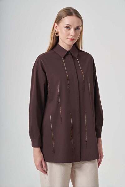 FTZ WOMEN Kadın Taşlı Poplin Gömlek Kahve 31440