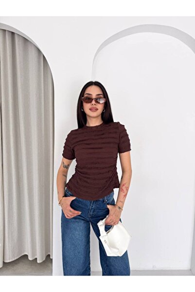 Butik Beyza Textured Striped Stretchy Fabric Short Sleeve Blouse