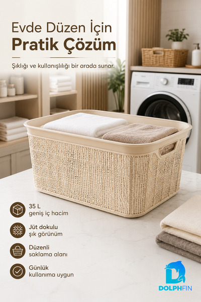 DolphFin Jute Cornered Saddle Basket 35 L 52.5X34.5X22.5 cm Laundry Toy Stora...