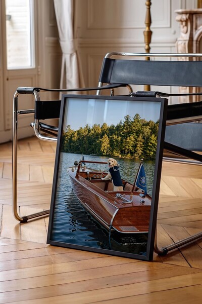 Postifull Dog and Boat Poster, Black Framed Poster, Old Money Series, No:113207