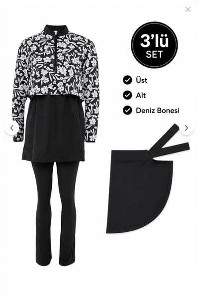Bermody Black Floral Patterned 3-Piece Hijab Swimsuit Set – Lightweight Fabri...