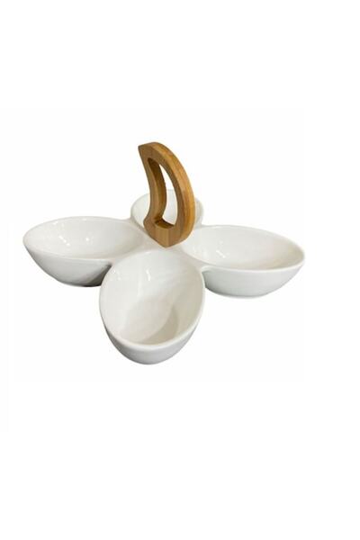 OEM Platou ceramic, cu mâner din lemn, 4 compartimente, alb, 30.5x30.5x16 cm