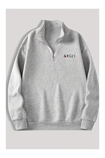 ZİYMO Men's Standing Collar Zippered Printed Oversized Sweatshirt