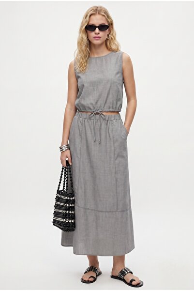 Ritnice Women's Toby Tie-Up Blouse Elastic Waist Lined Skirt Woven Gray Botto...