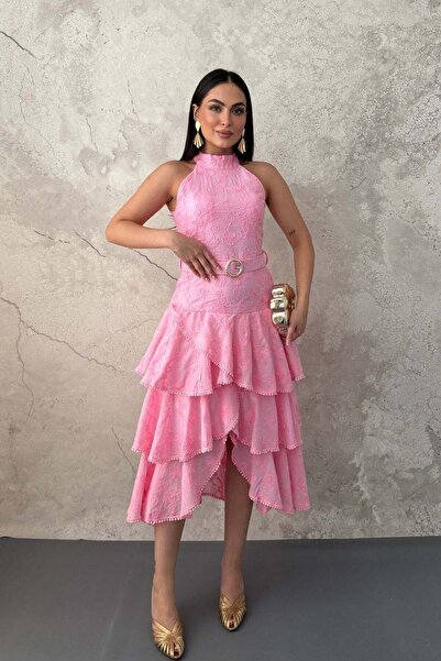 Elbee Fashion Woman Ροζ Φόρεμα με Πολλαπλές Στρώσεις και Βολάν