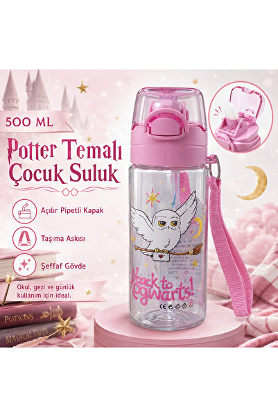 Harry Potter Temalı 500 ml Pipetli Çocuk Suluk Pembe Okul Matarası