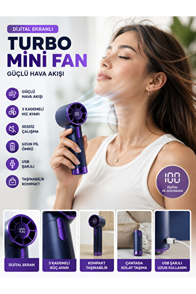 shop Dijital Ekranlı Turbo Mini Fan USB Şarjlı 3 Kademeli Güçlü Hava Akışlı T...