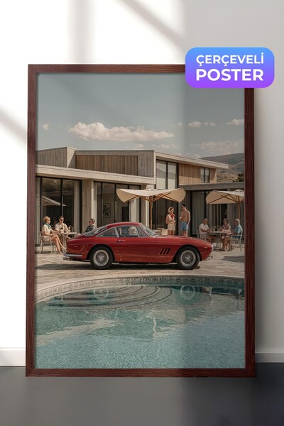 Postifull Classic Car and Pool Poster, Brown Framed Poster, Old Money Series,...
