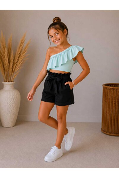 BEBEĞİME ÇORAP Girls' Ruffle Sleeve Blouse and Linen Shorts Top and Bottom Set