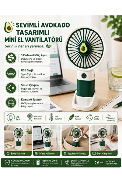 shop Avokado Tasarımlı Mini El Vantilatörü USB Şarjlı 3 Kademeli Masaüstü Taş...