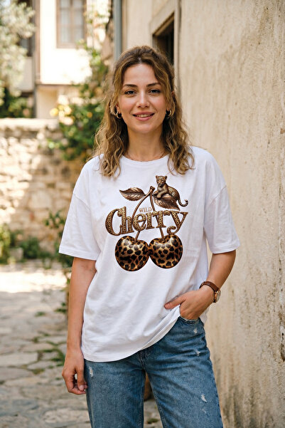 BAGAND Women's Oversize Wild Cherry Leopard Cherry Printed White T-Shirt Cott...