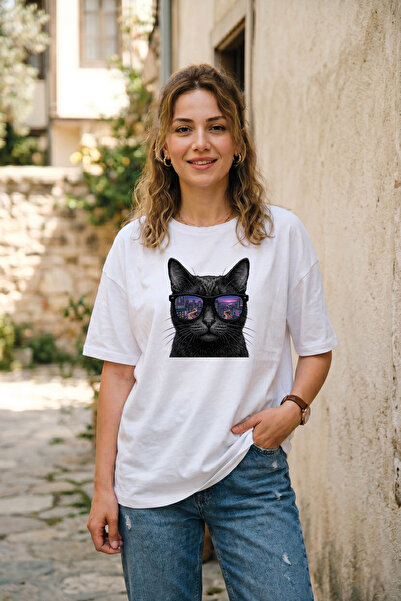 BAGAND Unisex Oversize Cool Black Cat with Glasses Printed White T-Shirt City...