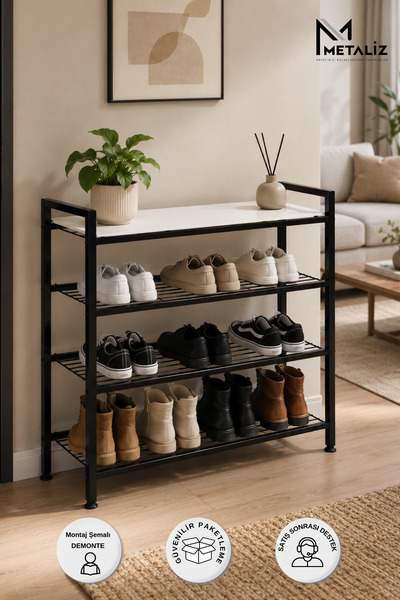 METALİZ YENİLİKÇİ TASARIMLAR Loft 4 Katlı Siyah Metal Ayakkabılık, Beyaz Ahşa...