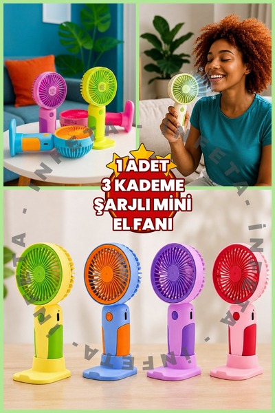 İnfeta 1 Adet 3 Kademeli Renkli Mini El Masa Fanı Vantilatör Şarjlı Telefon T...