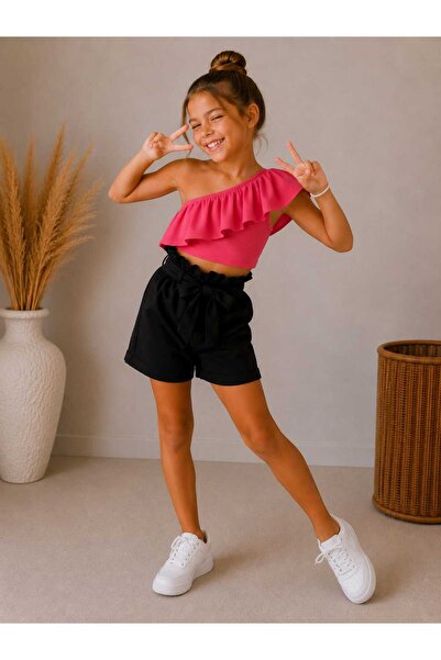 BEBEĞİME ÇORAP Girls' Ruffle Sleeve Blouse and Linen Shorts Top and Bottom Set