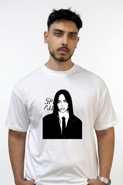 Anetos تي شيرت أبيض كبير الحجم مطبوع بتصميم Billie Eilish_136