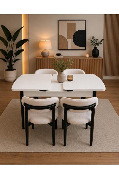 TOCE HOME Polo Serisi 80x130 Açılabilir Beyaz Masa Takımı ve 4 Adet Polo Sand...