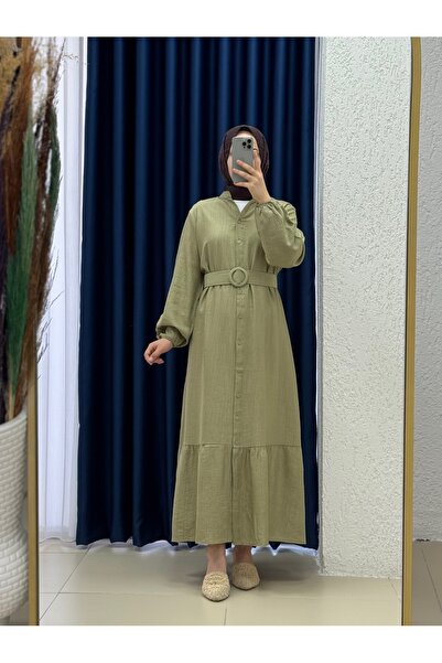 MİHRA STORE Miressa Boydan Düğmeli Kemerli Çilek Elbise-PE620 Haki