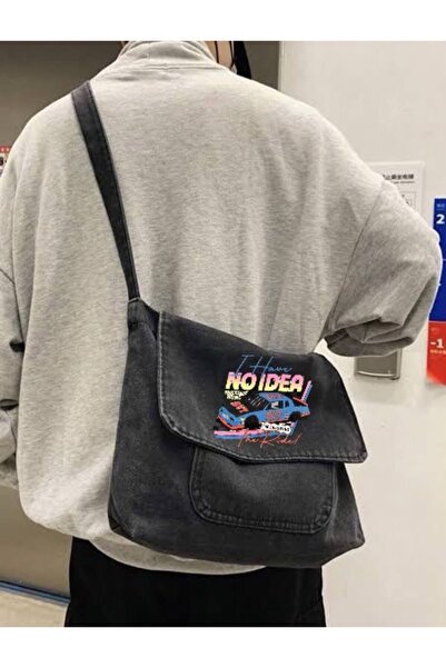 Minga London Black I Have No Idea Printed Denim Messenger Bag