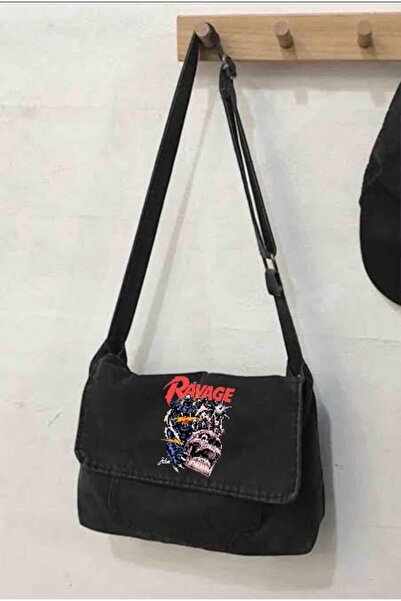 Minga London Black Ravage Printed Denim Messenger Bag