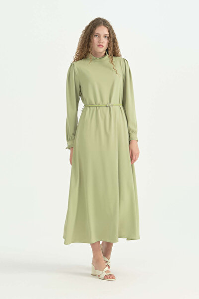 Nihan Pile Detailed Belted Dress - Pistachio Green