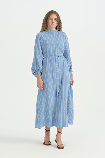Nihan Balloon Sleeve Belted Brode Dress - Blue